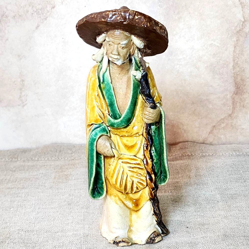 Antique Chinese Mudman Figurine Wise Man with Fan and Staff Ceramic 6.5in